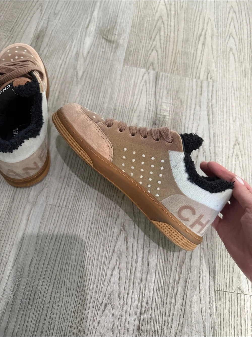 Chanel Women’s Tan Suede Polka-Dot Lined Sneakers